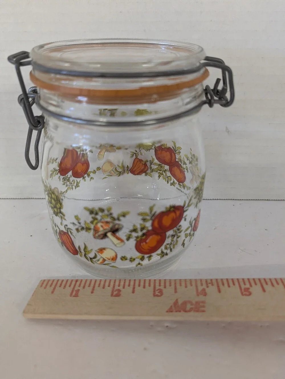 Vintage Storage Glass Jar with Orange Fruit & Mushroom Motif